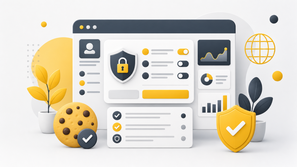 Illustration de consentement cookies avec confidentialité, traceurs, sécurité et tableau de conformité