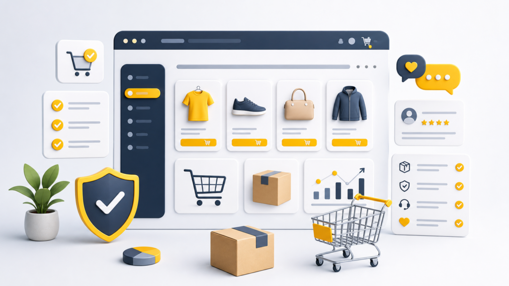 Illustration e-commerce WooCommerce avec boutique en ligne, confiance client et checklist de conseils